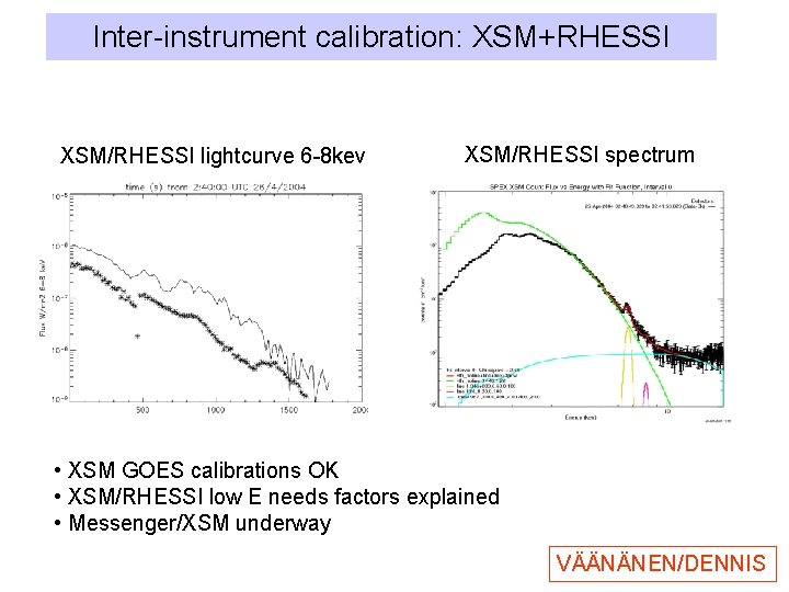 Inter-instrument calibration: XSM+RHESSI XSM/RHESSI lightcurve 6 -8 kev XSM/RHESSI spectrum • XSM GOES calibrations