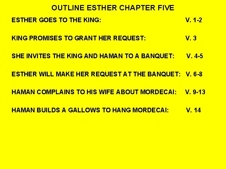 OUTLINE ESTHER CHAPTER FIVE ESTHER GOES TO THE KING: V. 1 -2 KING PROMISES