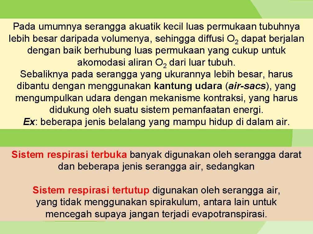 Pada umumnya serangga akuatik kecil luas permukaan tubuhnya lebih besar daripada volumenya, sehingga diffusi