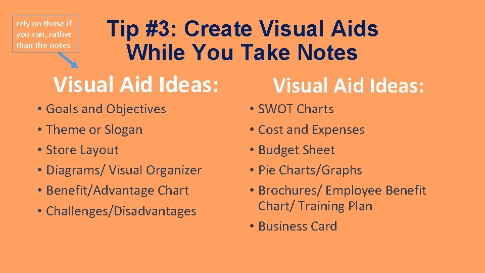 Tip #3: Create Visual Aids While You Take Notes Visual Aid Ideas: rely on