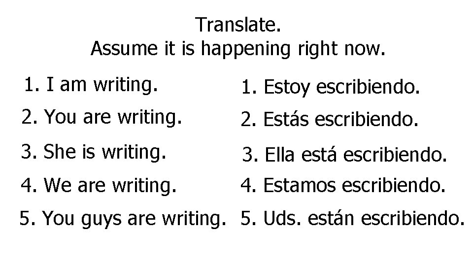 Translate. Assume it is happening right now. 1. I am writing. 1. Estoy escribiendo.