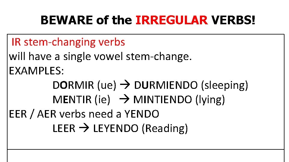 BEWARE of the IRREGULAR VERBS! IR stem-changing verbs will have a single vowel stem-change.