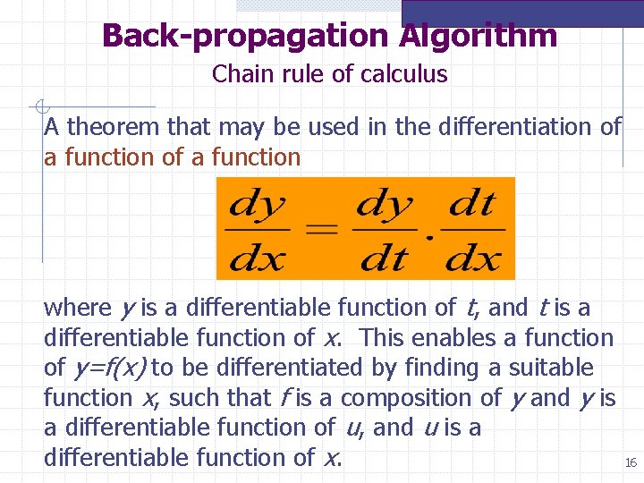Back-propagation Algorithm Chain rule of calculus A theorem that may be used in the Back-propagation Algorithm Chain rule of calculus A theorem that may be used in the