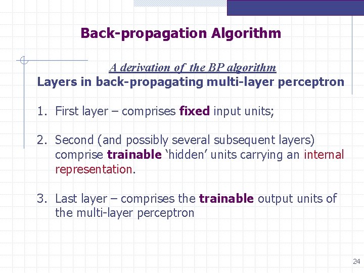 Back-propagation Algorithm A derivation of the BP algorithm Layers in back-propagating multi-layer perceptron 1. Back-propagation Algorithm A derivation of the BP algorithm Layers in back-propagating multi-layer perceptron 1.