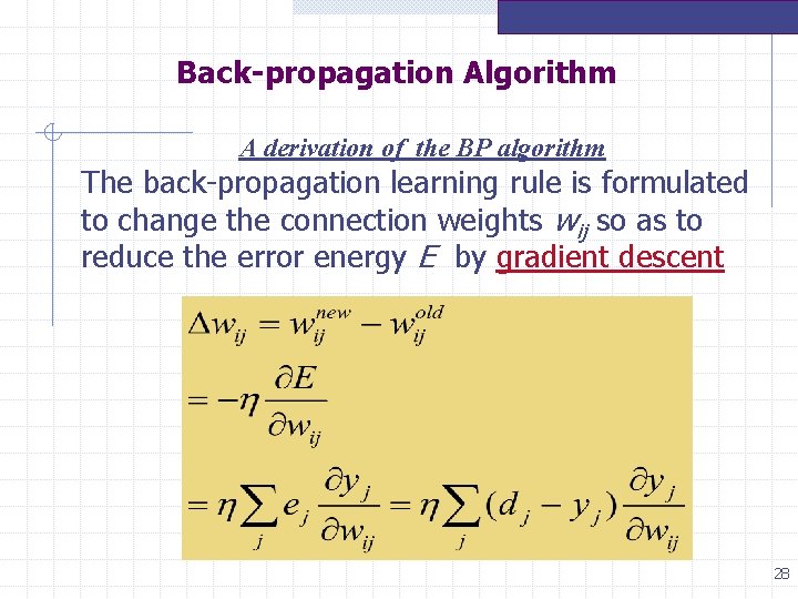 Back-propagation Algorithm A derivation of the BP algorithm The back-propagation learning rule is formulated Back-propagation Algorithm A derivation of the BP algorithm The back-propagation learning rule is formulated