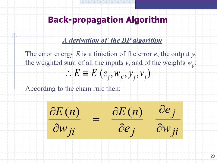 Back-propagation Algorithm A derivation of the BP algorithm The error energy E is a Back-propagation Algorithm A derivation of the BP algorithm The error energy E is a