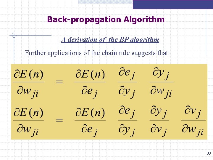 Back-propagation Algorithm A derivation of the BP algorithm Further applications of the chain rule Back-propagation Algorithm A derivation of the BP algorithm Further applications of the chain rule