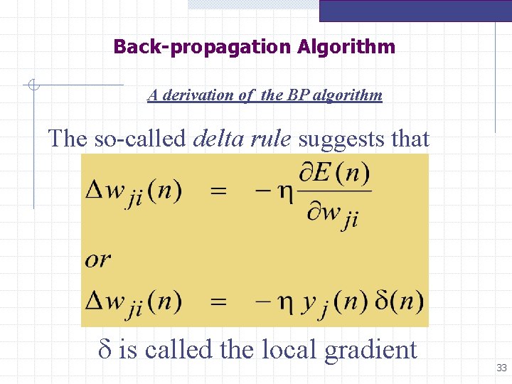 Back-propagation Algorithm A derivation of the BP algorithm The so-called delta rule suggests that Back-propagation Algorithm A derivation of the BP algorithm The so-called delta rule suggests that