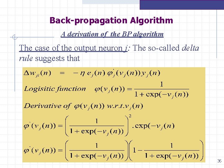 Back-propagation Algorithm A derivation of the BP algorithm The case of the output neuron Back-propagation Algorithm A derivation of the BP algorithm The case of the output neuron