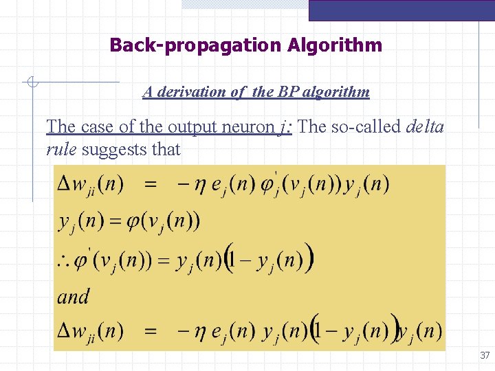 Back-propagation Algorithm A derivation of the BP algorithm The case of the output neuron Back-propagation Algorithm A derivation of the BP algorithm The case of the output neuron