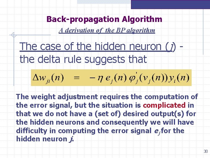 Back-propagation Algorithm A derivation of the BP algorithm The case of the hidden neuron Back-propagation Algorithm A derivation of the BP algorithm The case of the hidden neuron