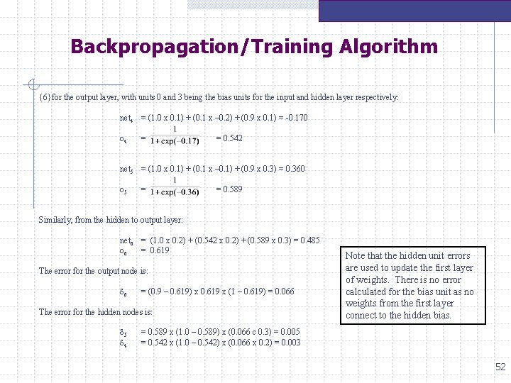 Backpropagation/Training Algorithm {6}for the output layer, with units 0 and 3 being the bias Backpropagation/Training Algorithm {6}for the output layer, with units 0 and 3 being the bias