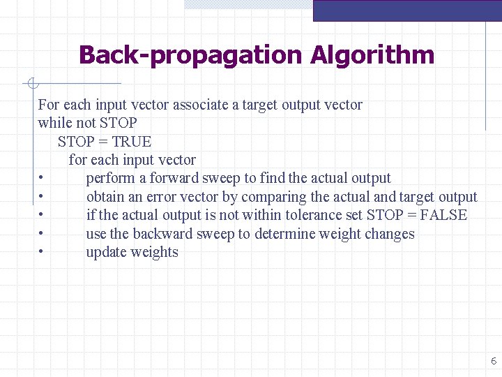 Back-propagation Algorithm For each input vector associate a target output vector while not STOP Back-propagation Algorithm For each input vector associate a target output vector while not STOP
