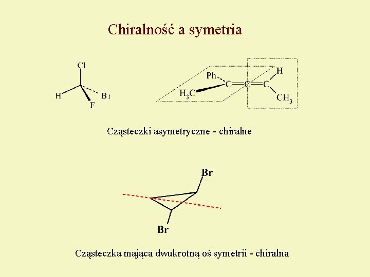 Chiralność a symetria Cząsteczki asymetryczne - chiralne Cząsteczka mająca dwukrotną oś symetrii - chiralna