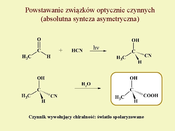 Powstawanie związków optycznie czynnych (absolutna synteza asymetryczna) hν Czynnik wywołujący chiralność: światło spolaryzowane 