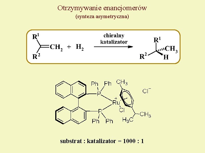 Otrzymywanie enancjomerów (synteza asymetryczna) substrat : katalizator = 1000 : 1 