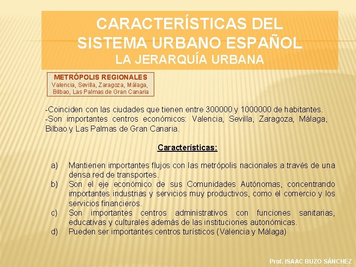 CARACTERÍSTICAS DEL SISTEMA URBANO ESPAÑOL LA JERARQUÍA URBANA METRÓPOLIS REGIONALES Valencia, Sevilla, Zaragoza, Málaga,