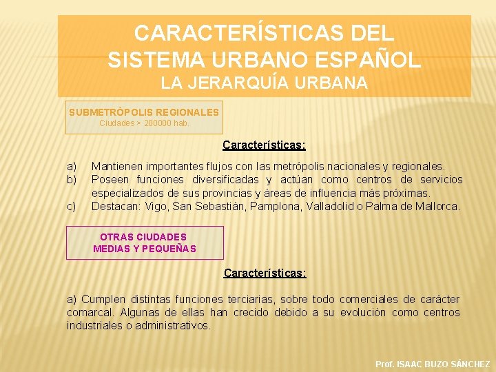 CARACTERÍSTICAS DEL SISTEMA URBANO ESPAÑOL LA JERARQUÍA URBANA SUBMETRÓPOLIS REGIONALES Ciudades > 200000 hab.