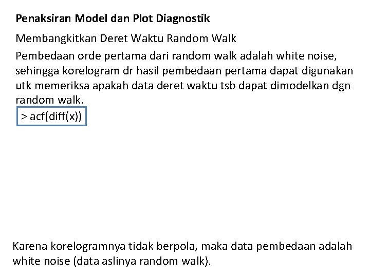 Penaksiran Model dan Plot Diagnostik Membangkitkan Deret Waktu Random Walk Pembedaan orde pertama dari