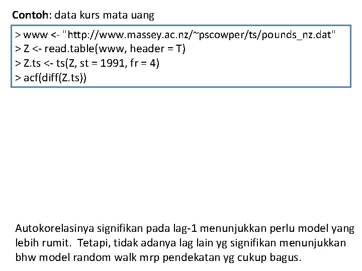 Contoh: data kurs mata uang > www <- "http: //www. massey. ac. nz/~pscowper/ts/pounds_nz. dat"