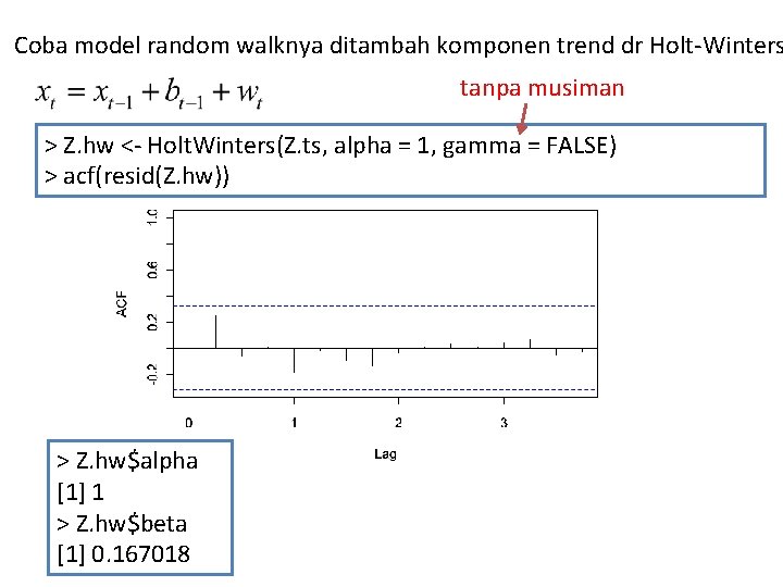 Coba model random walknya ditambah komponen trend dr Holt-Winters tanpa musiman > Z. hw