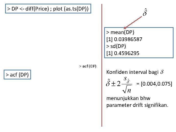 > DP <- diff(Price) ; plot (as. ts(DP)) > mean(DP) [1] 0. 03986587 >