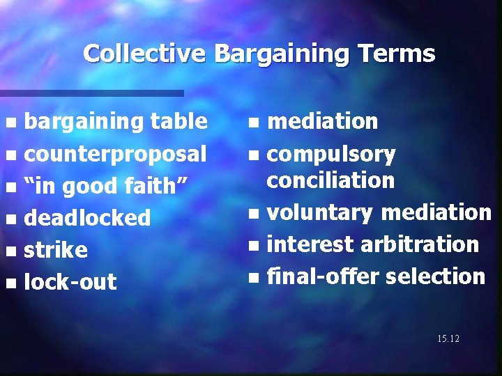 Collective Bargaining Terms bargaining table n counterproposal n “in good faith” n deadlocked n