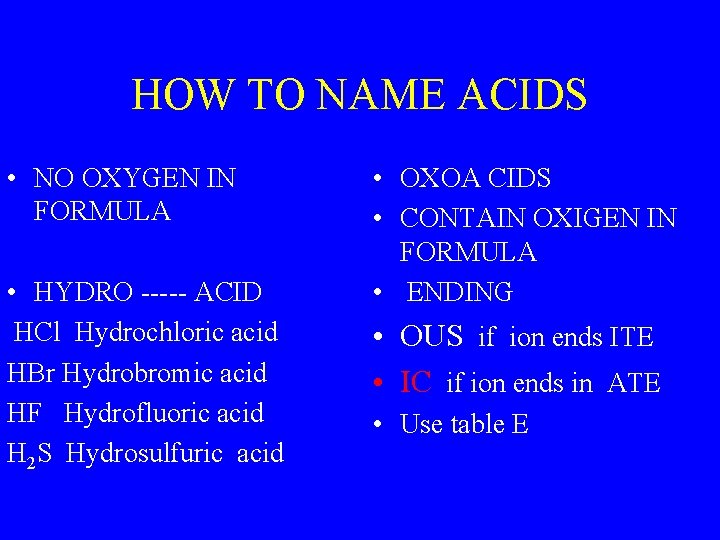 HOW TO NAME ACIDS • NO OXYGEN IN FORMULA • HYDRO ----- ACID HCl