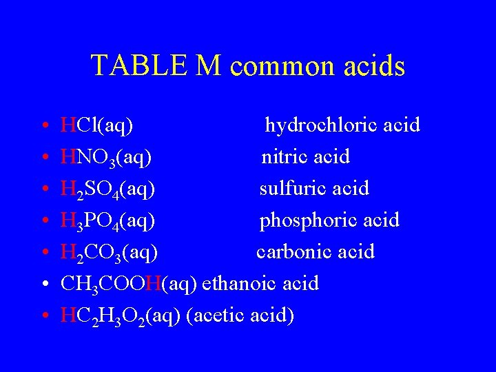 TABLE M common acids • • HCl(aq) hydrochloric acid HNO 3(aq) nitric acid H