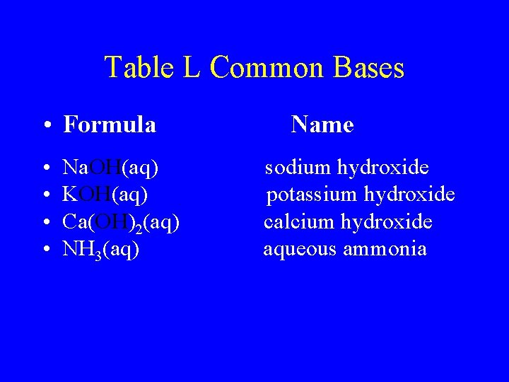 Table L Common Bases • Formula • • Na. OH(aq) KOH(aq) Ca(OH)2(aq) NH 3(aq)
