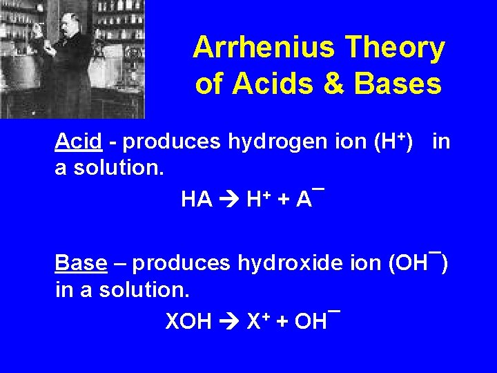 Arrhenius Theory of Acids & Bases Acid - produces hydrogen ion (H+) in a
