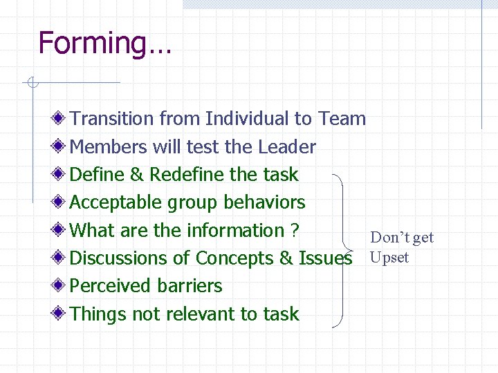 Forming… Transition from Individual to Team Members will test the Leader Define & Redefine