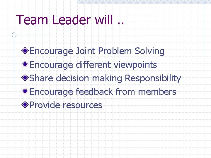 Team Leader will. . Encourage Joint Problem Solving Encourage different viewpoints Share decision making
