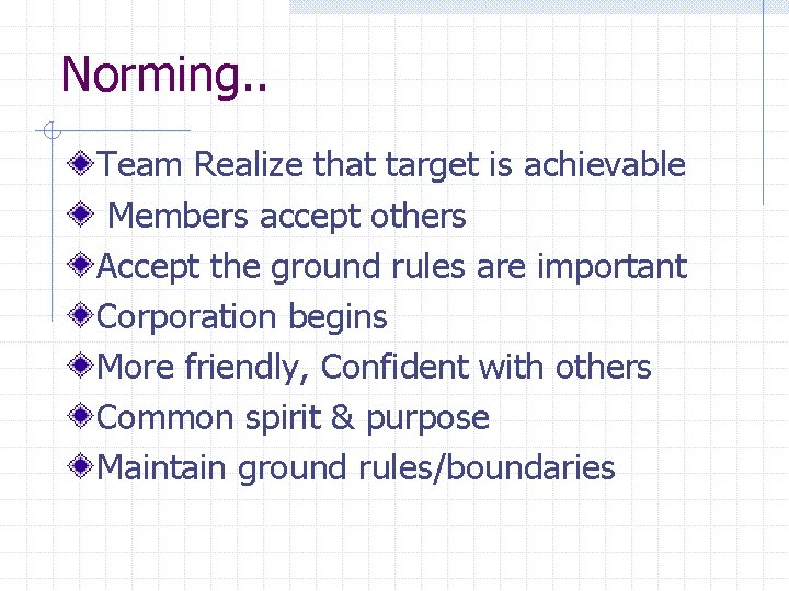 Norming. . Team Realize that target is achievable Members accept others Accept the ground