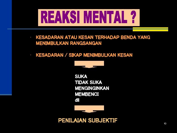  • KESADARAN ATAU KESAN TERHADAP BENDA YANG MENIMBULKAN RANGSANGAN • KESADARAN / SIKAP