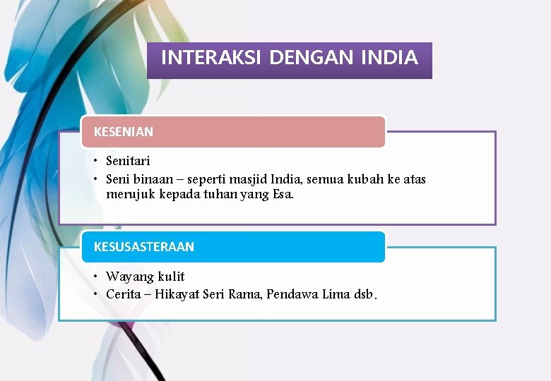 INTERAKSI DENGAN INDIA KESENIAN • Senitari • Seni binaan – seperti masjid India, semua