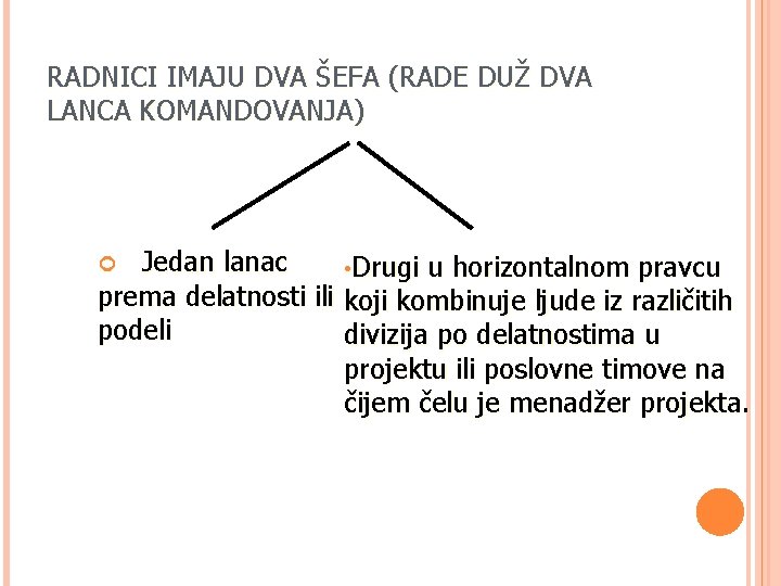 RADNICI IMAJU DVA ŠEFA (RADE DUŽ DVA LANCA KOMANDOVANJA) Jedan lanac prema delatnosti ili