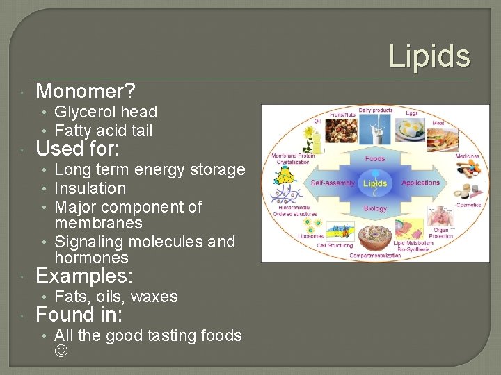 Lipids Monomer? • Glycerol head • Fatty acid tail Used for: • Long term Lipids Monomer? • Glycerol head • Fatty acid tail Used for: • Long term
