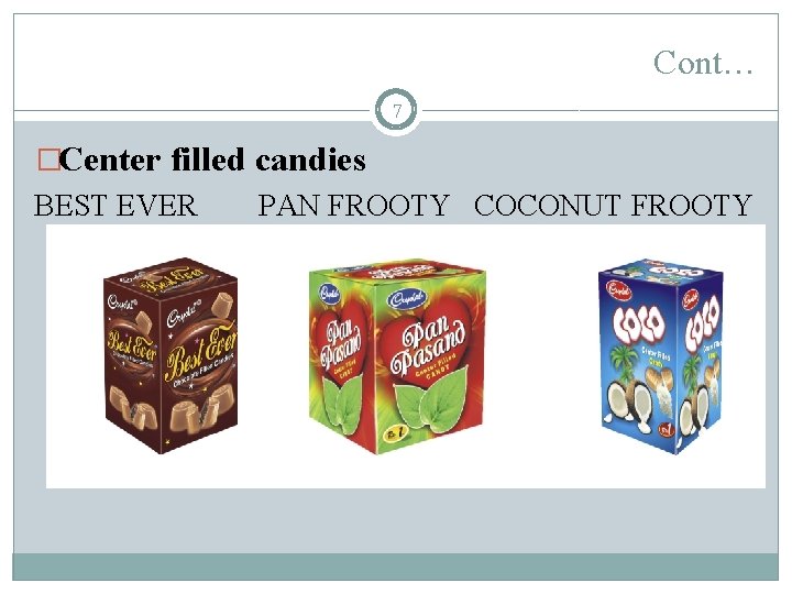 Cont… 7 �Center filled candies BEST EVER PAN FROOTY COCONUT FROOTY 