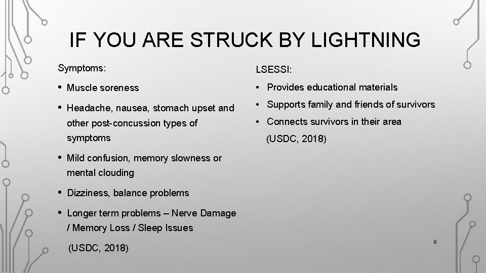 IF YOU ARE STRUCK BY LIGHTNING Symptoms: LSESSI: • Muscle soreness • Provides educational