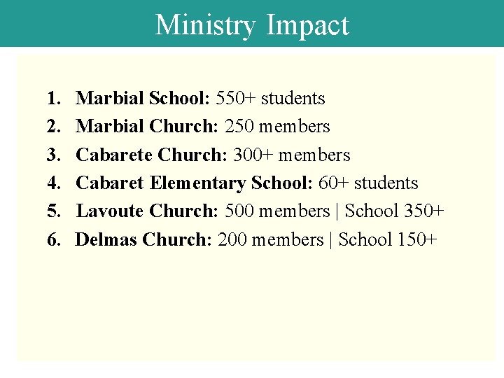 Ministry Impact 1. 2. 3. 4. 5. 6. Marbial School: 550+ students Marbial Church: