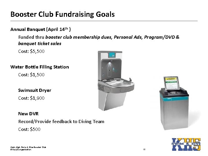 Booster Club Fundraising Goals Annual Banquet (April 14 th ) Funded thru booster club