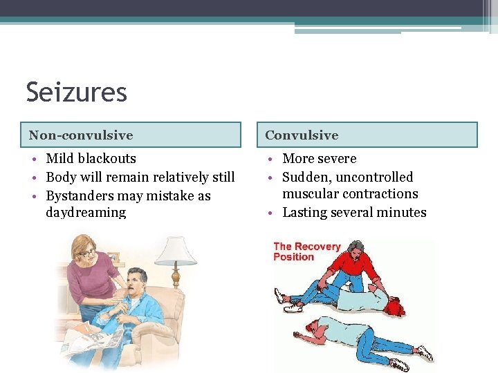 Seizures Non-convulsive Convulsive • Mild blackouts • Body will remain relatively still • Bystanders