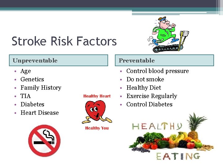 Stroke Risk Factors Unpreventable Preventable • • • Age Genetics Family History TIA Diabetes