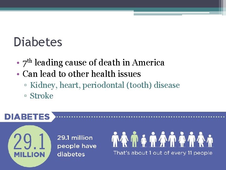 Diabetes • 7 th leading cause of death in America • Can lead to