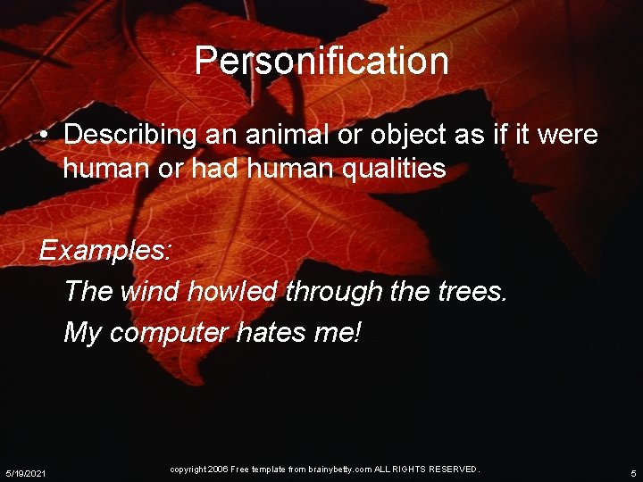 Personification • Describing an animal or object as if it were human or had