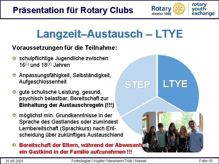 Präsentation für Rotary Clubs Langzeit–Austausch – LTYE Voraussetzungen für die Teilnahme: schulpflichtige Jugendliche zwischen