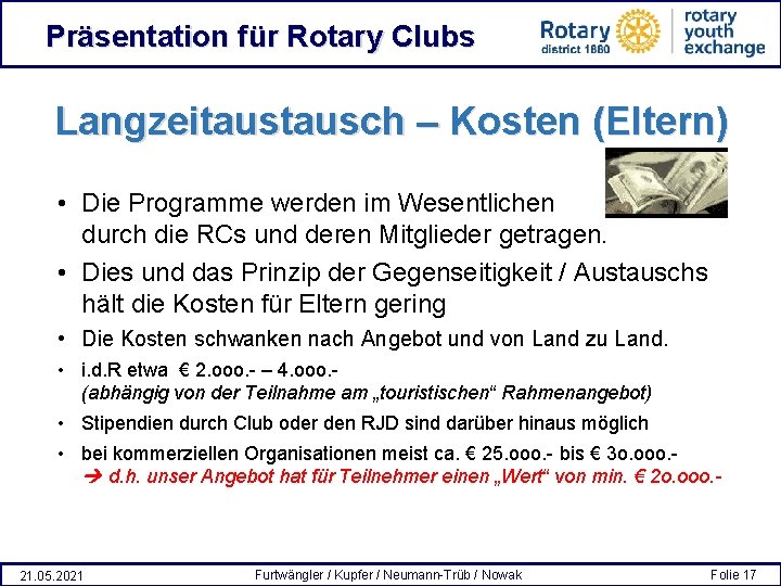 Präsentation für Rotary Clubs Langzeitausch – Kosten (Eltern) • Die Programme werden im Wesentlichen