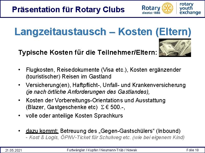 Präsentation für Rotary Clubs Langzeitausch – Kosten (Eltern) Typische Kosten für die Teilnehmer/Eltern: •