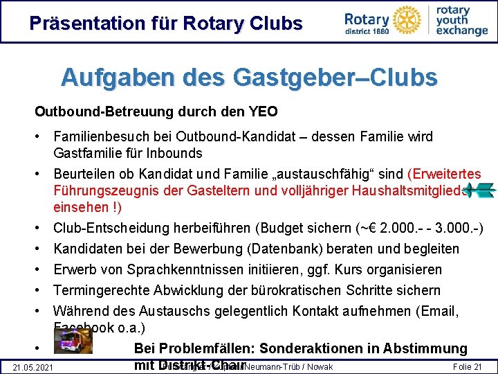 Präsentation für Rotary Clubs Aufgaben des Gastgeber–Clubs Outbound-Betreuung durch den YEO • Familienbesuch bei